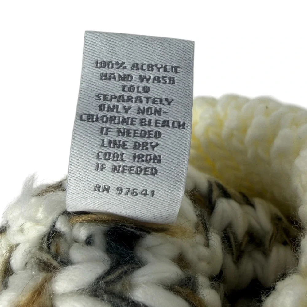 J.Jill Women's Chunky Knit Pom Pom Beanie Hat Ivory Gray Acrylic Winter OS
